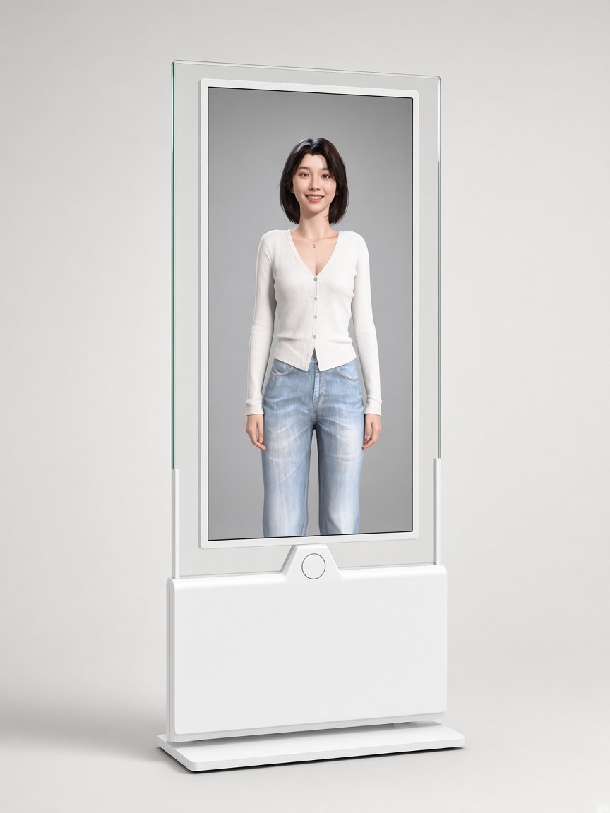 Aiia Kiosk 版：白色直立式數位人機台，螢幕中的數位店員面帶微笑
