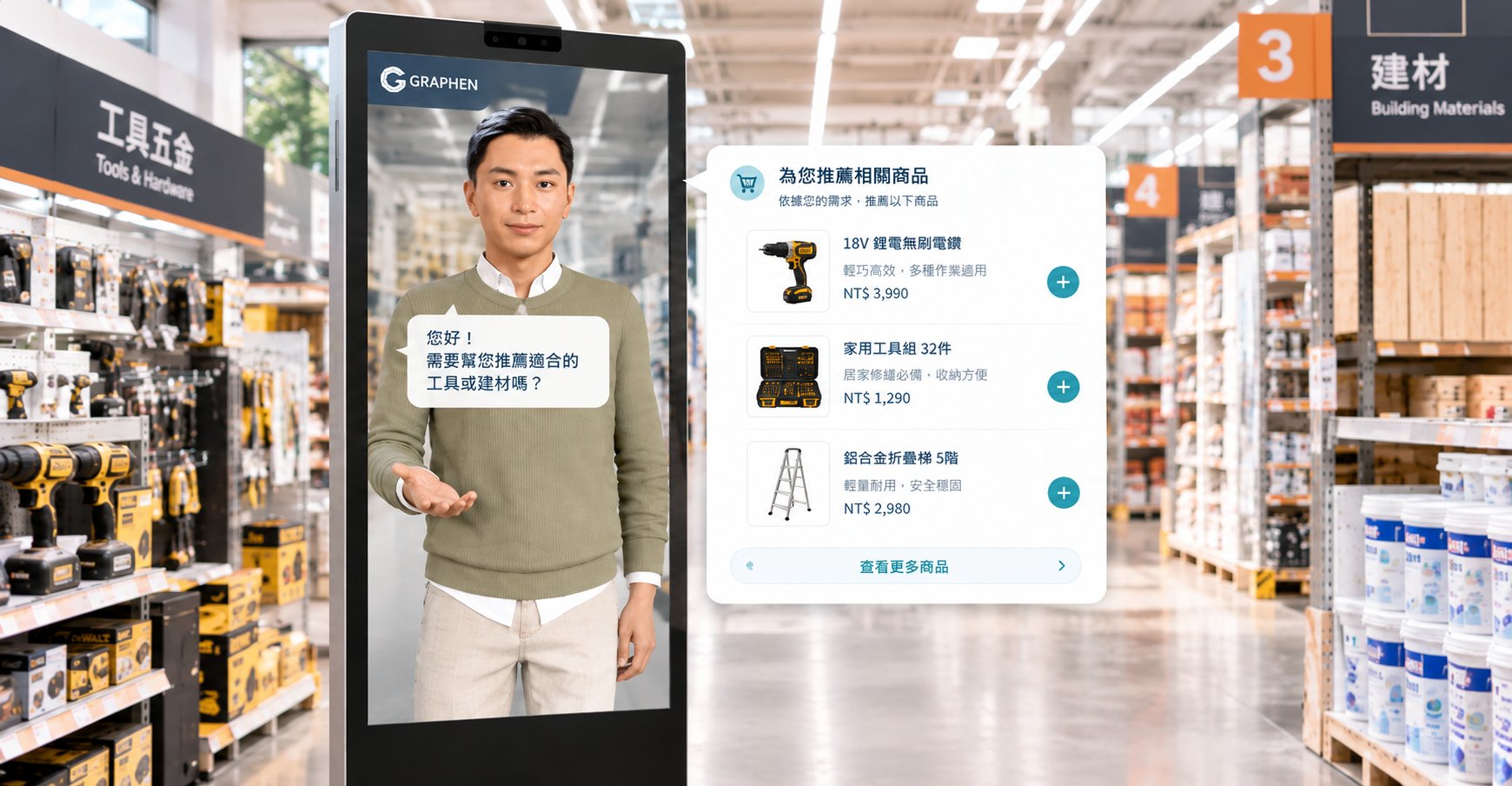 居家修繕賣場走道中的 Aiia 數位店員機台，數位店員詢問顧客需求，旁邊顯示電鑽、工具組與折疊梯的推薦商品卡