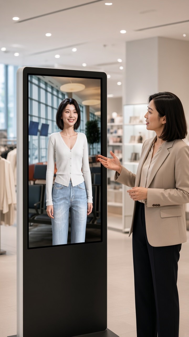 門市內的 Aiia 數位店員直立式機台，螢幕中的數位店員微笑回應，一旁的顧客正在向她詢問